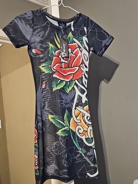 Ed Hardy Black Swim Coverup with Red Rose Graphic